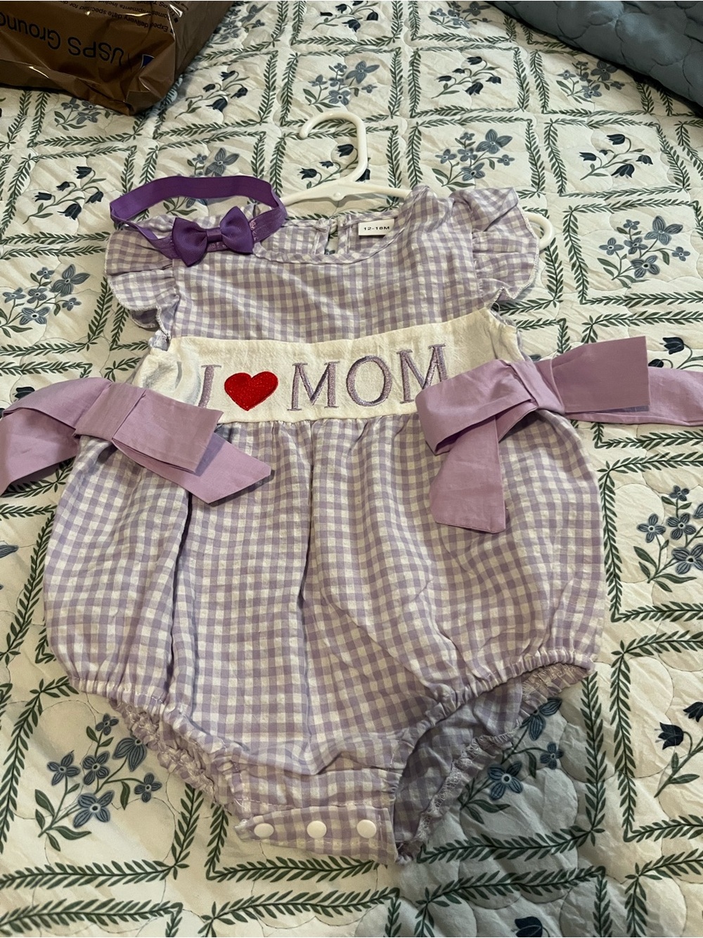 Lilac Gingham "I ♥ MOM" Bubble Romper with Bows